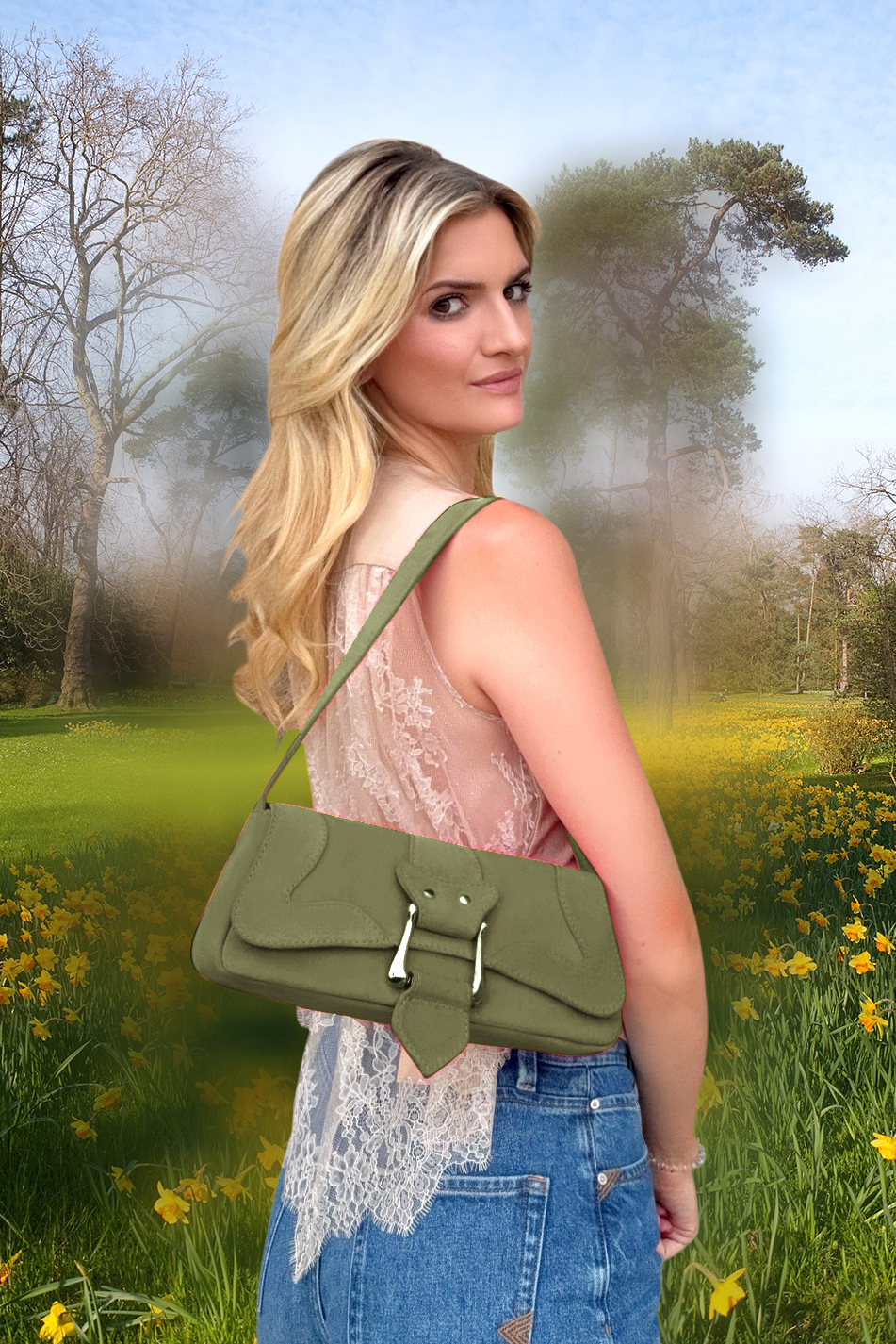 Dress small handbag in khaki green leather - Top view